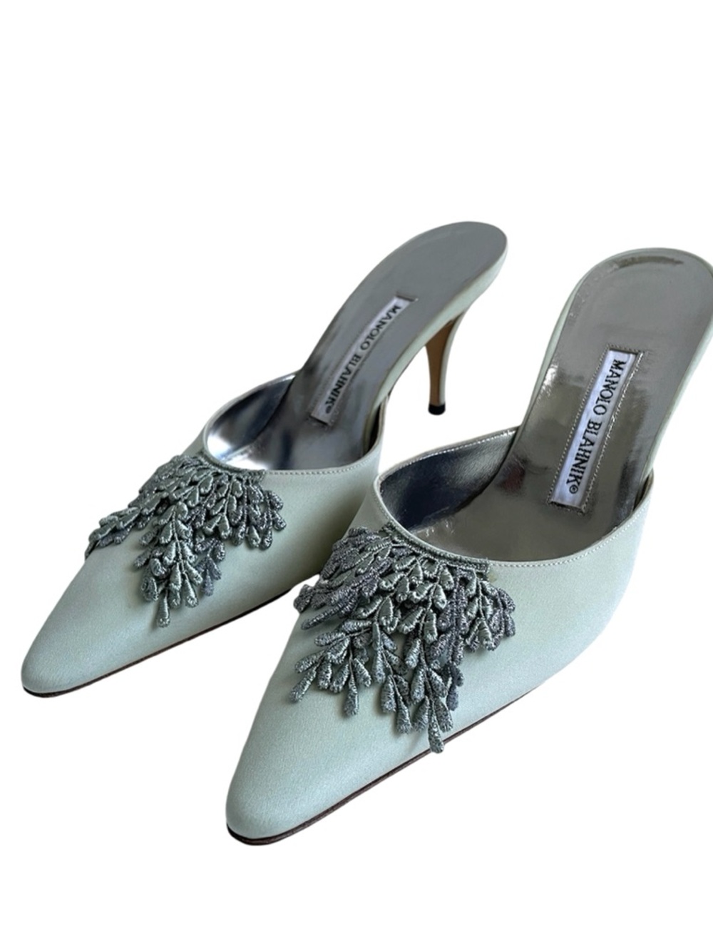 Manolo Blahnik Pointed-Toe Embellished Kitten-Heel Mules Size 37 1/2